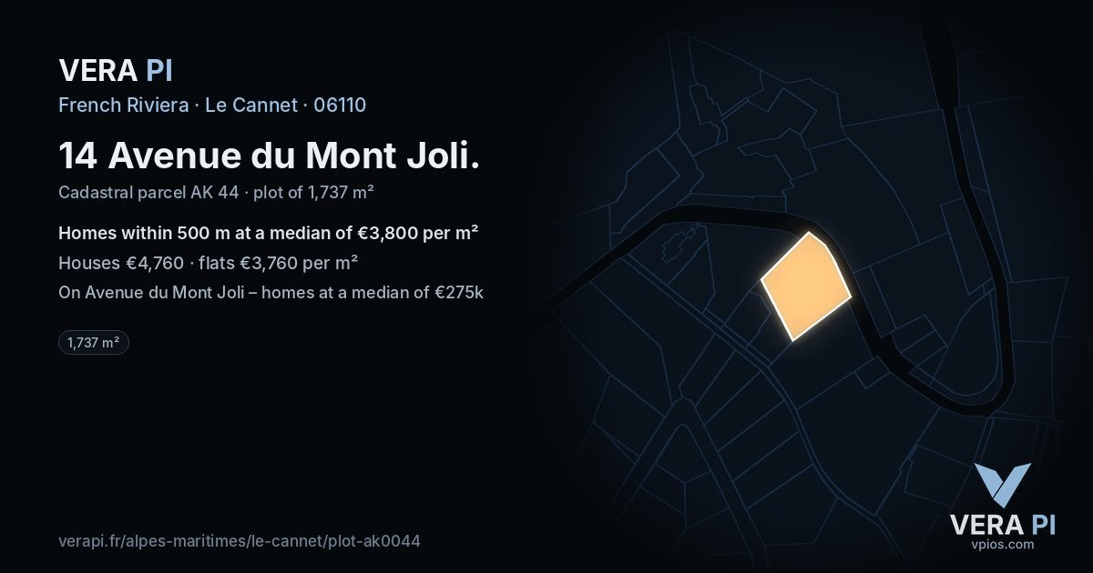 14 Avenue du Mont Joli, Le Cannet at night – the plot lit, the parcels around coloured by the prices near them