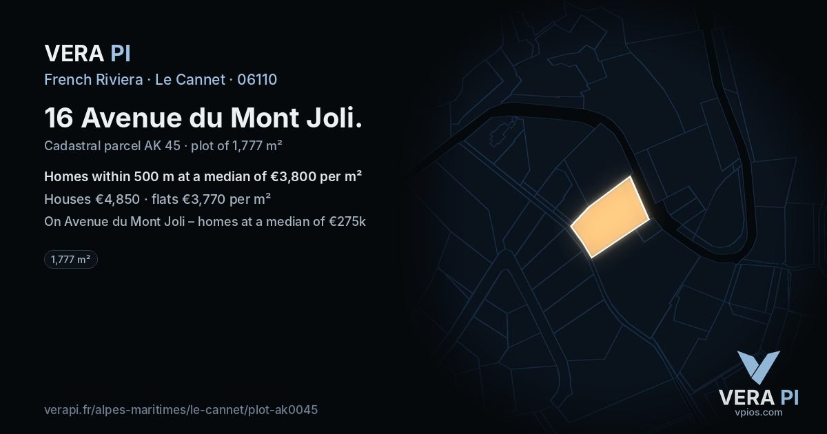 16 Avenue du Mont Joli, Le Cannet at night – the plot lit, the parcels around coloured by the prices near them