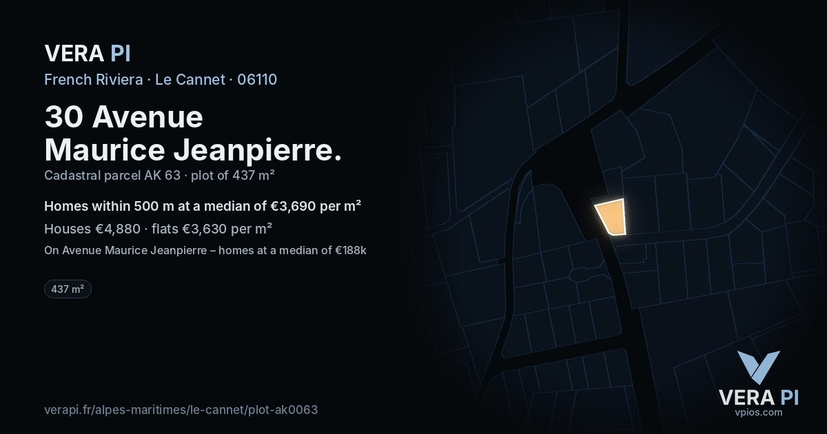 30 Avenue Maurice Jeanpierre, Le Cannet at night – the plot lit, the parcels around coloured by the prices near them