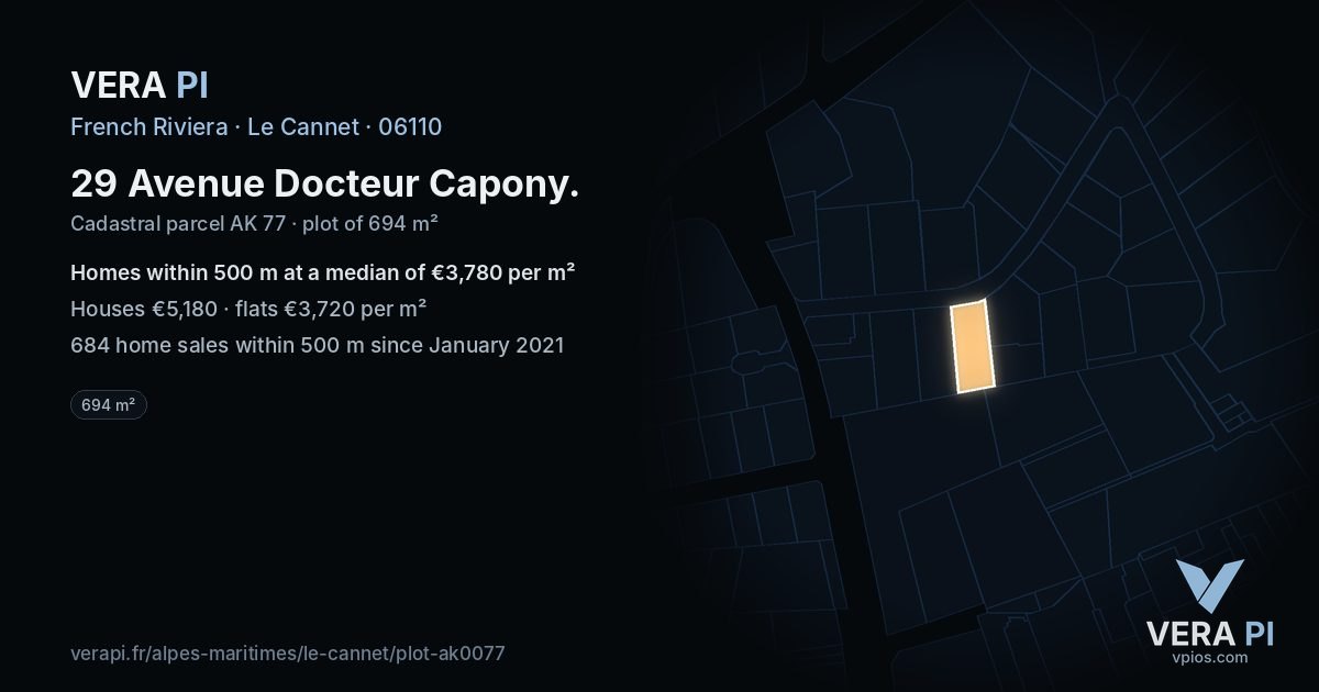 29 Avenue Docteur Capony, Le Cannet at night – the plot lit, the parcels around coloured by the prices near them