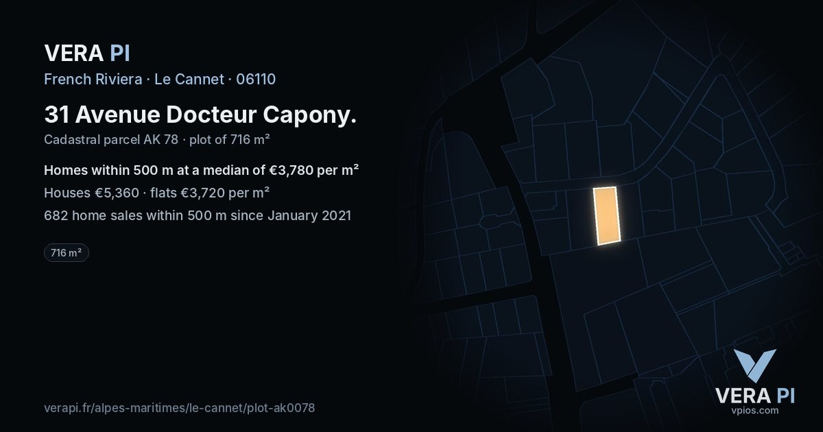 31 Avenue Docteur Capony, Le Cannet at night – the plot lit, the parcels around coloured by the prices near them