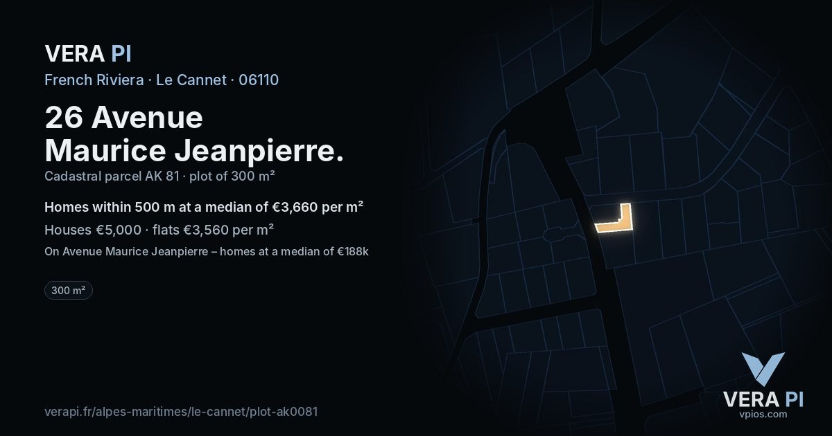 26 Avenue Maurice Jeanpierre, Le Cannet at night – the plot lit, the parcels around coloured by the prices near them