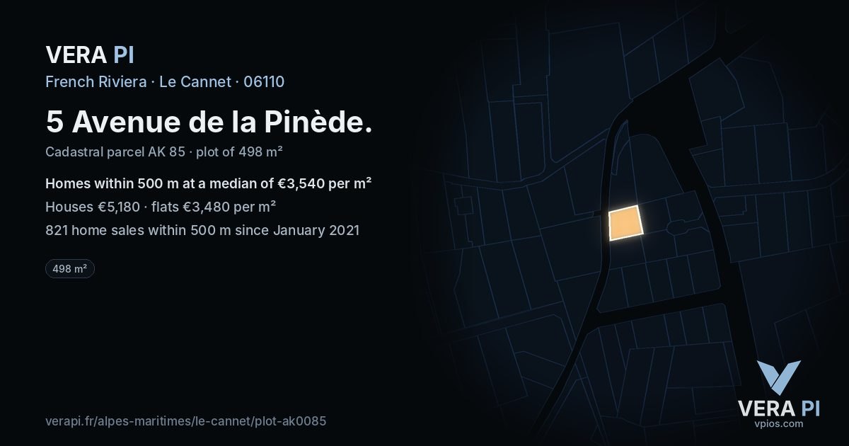 5 Avenue de la Pinède, Le Cannet at night – the plot lit, the parcels around coloured by the prices near them