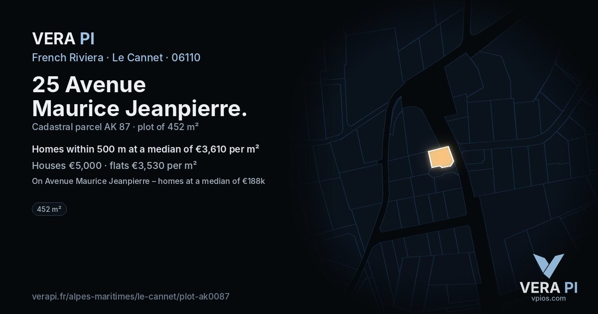 25 Avenue Maurice Jeanpierre, Le Cannet at night – the plot lit, the parcels around coloured by the prices near them