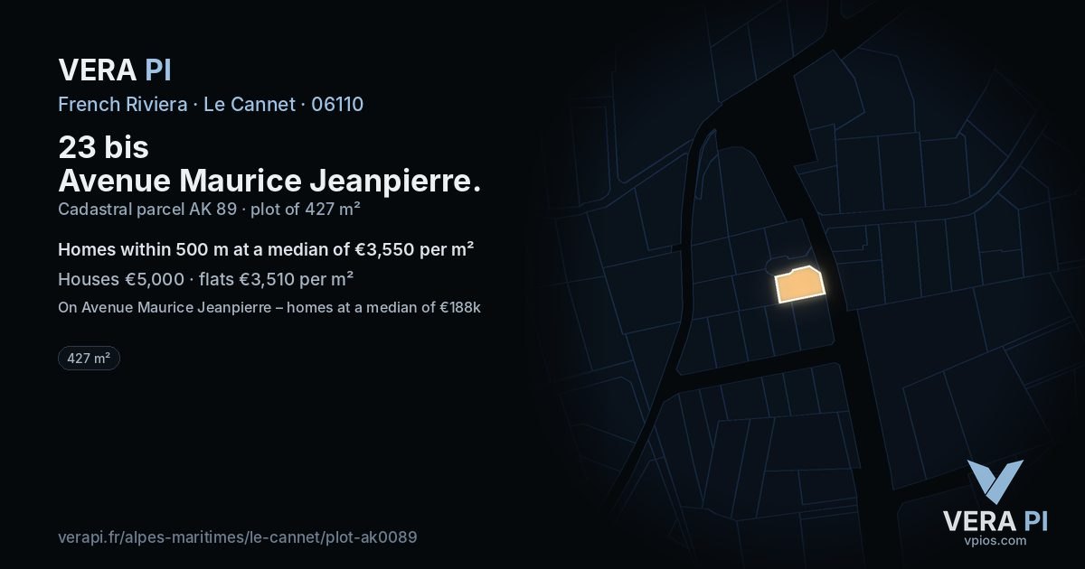 23 bis Avenue Maurice Jeanpierre, Le Cannet at night – the plot lit, the parcels around coloured by the prices near them
