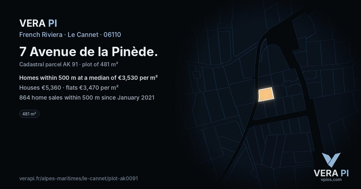 7 Avenue de la Pinède, Le Cannet at night – the plot lit, the parcels around coloured by the prices near them