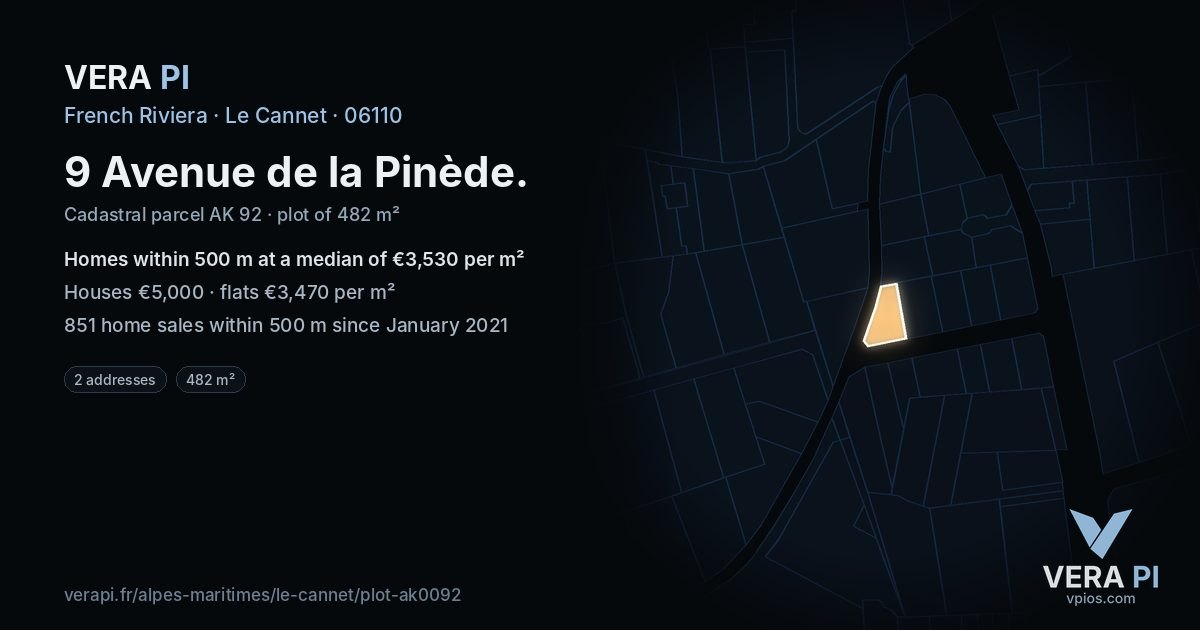 9 Avenue de la Pinède, Le Cannet at night – the plot lit, the parcels around coloured by the prices near them