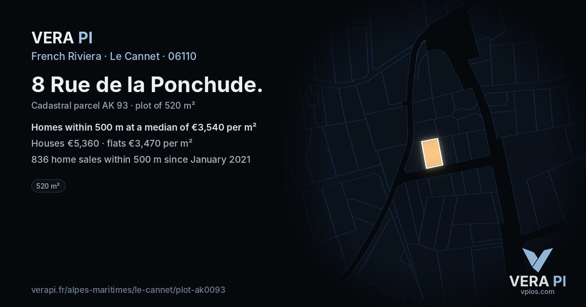 8 Rue de la Ponchude, Le Cannet at night – the plot lit, the parcels around coloured by the prices near them