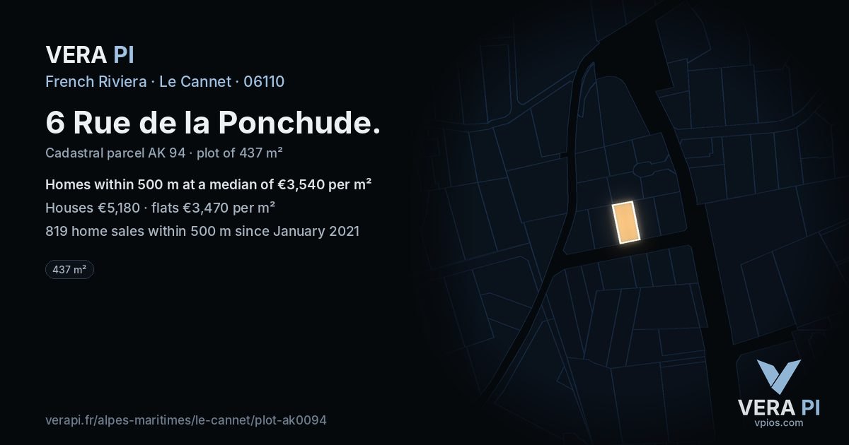 6 Rue de la Ponchude, Le Cannet at night – the plot lit, the parcels around coloured by the prices near them