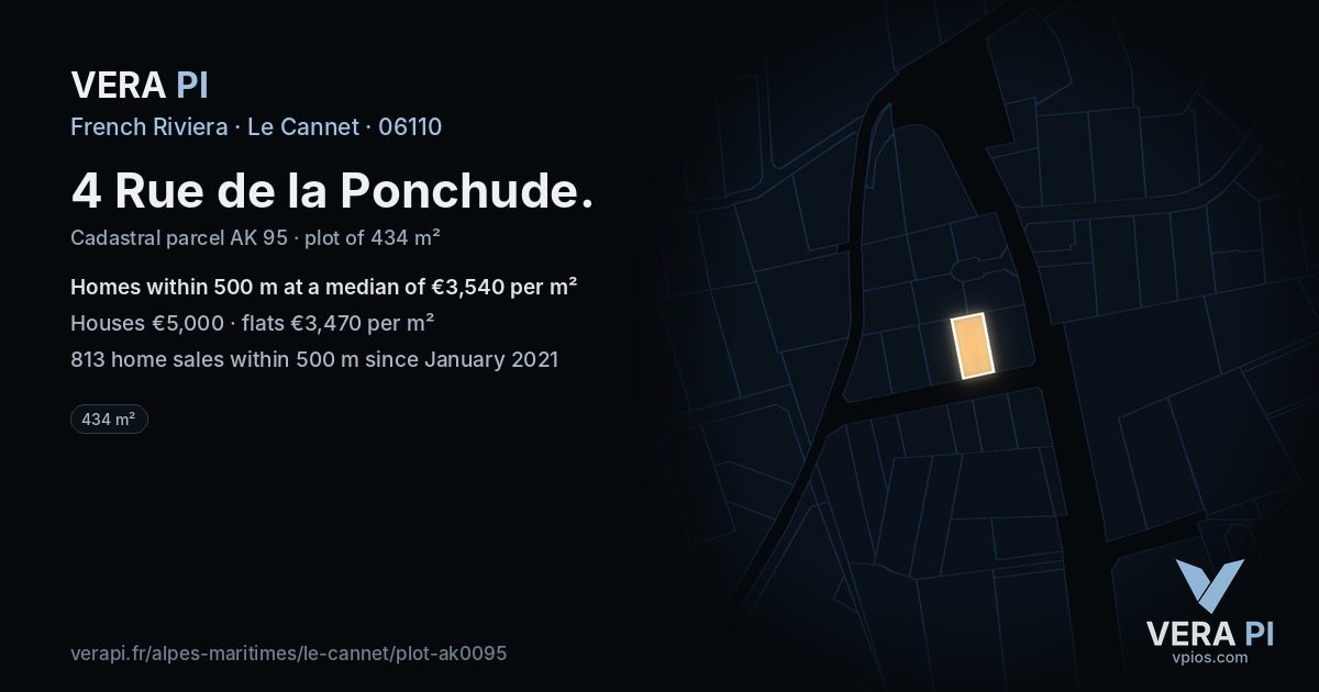 4 Rue de la Ponchude, Le Cannet at night – the plot lit, the parcels around coloured by the prices near them