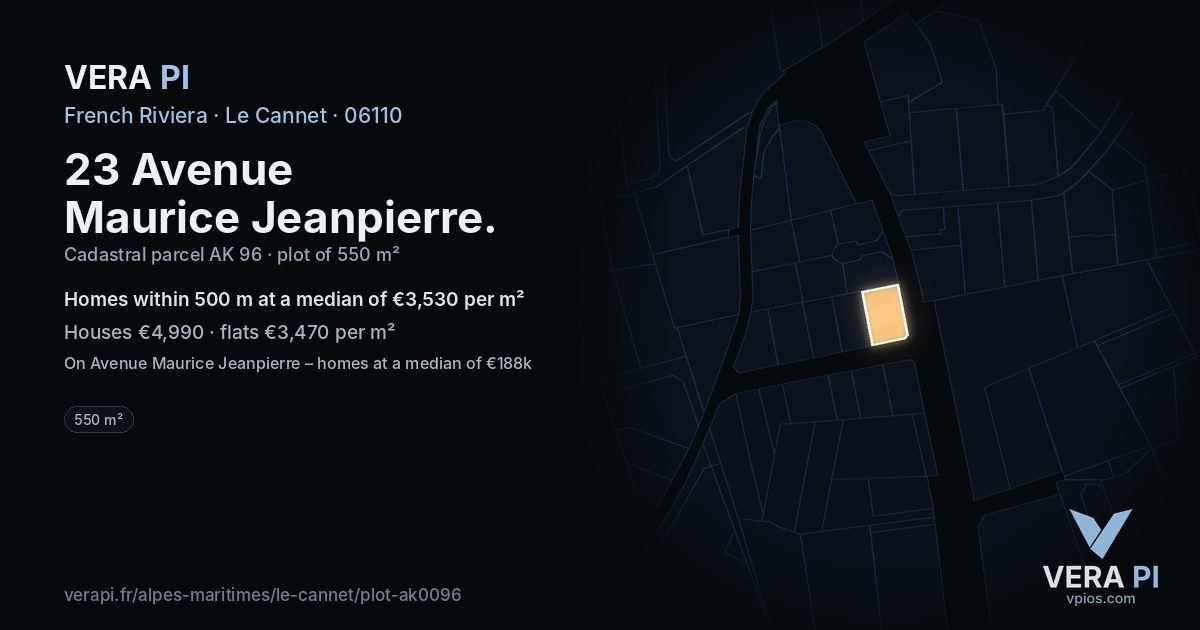 23 Avenue Maurice Jeanpierre, Le Cannet at night – the plot lit, the parcels around coloured by the prices near them
