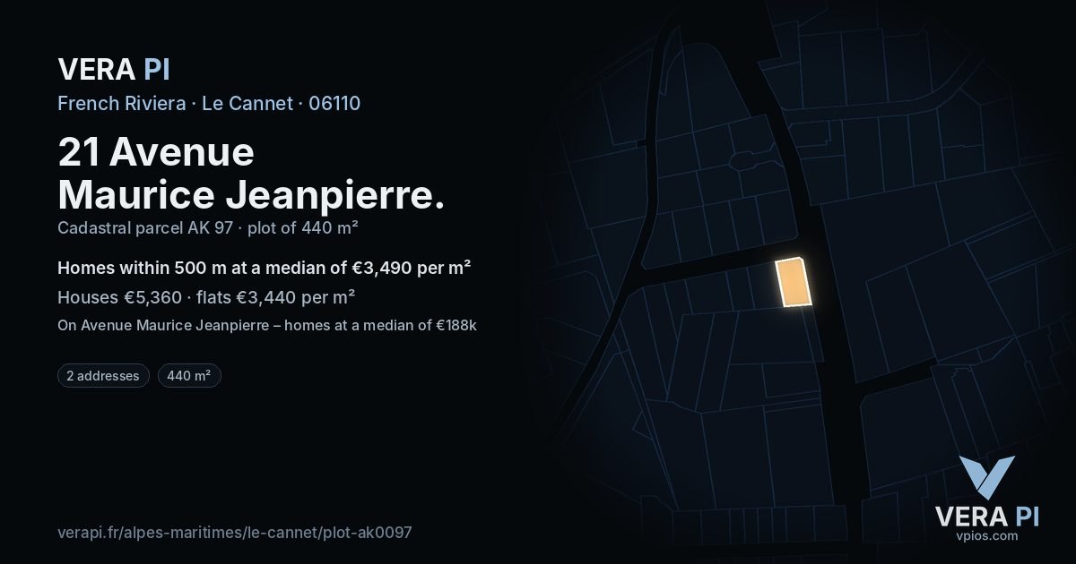 21 Avenue Maurice Jeanpierre, Le Cannet at night – the plot lit, the parcels around coloured by the prices near them