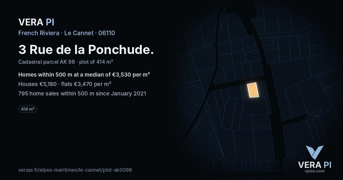 3 Rue de la Ponchude, Le Cannet at night – the plot lit, the parcels around coloured by the prices near them