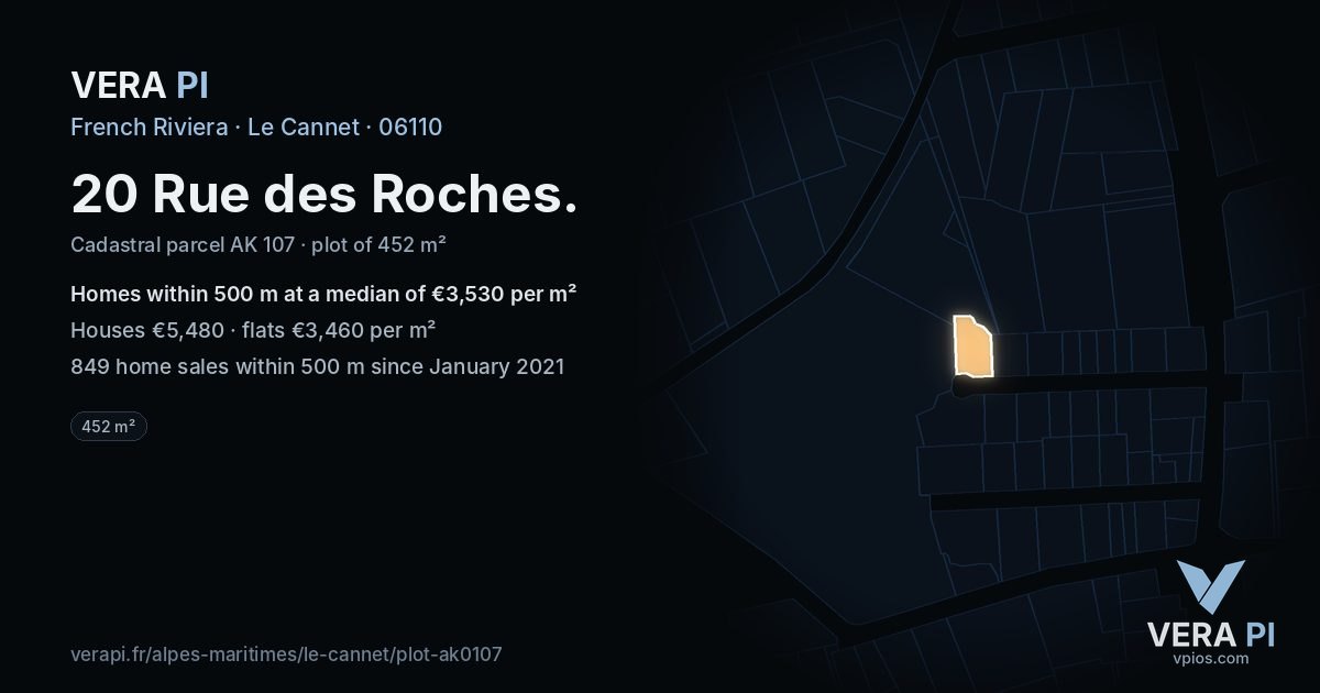 20 Rue des Roches, Le Cannet at night – the plot lit, the parcels around coloured by the prices near them