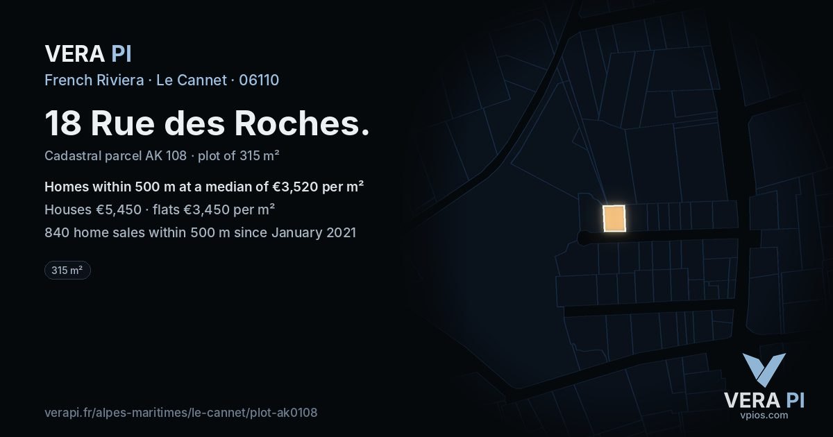 18 Rue des Roches, Le Cannet at night – the plot lit, the parcels around coloured by the prices near them