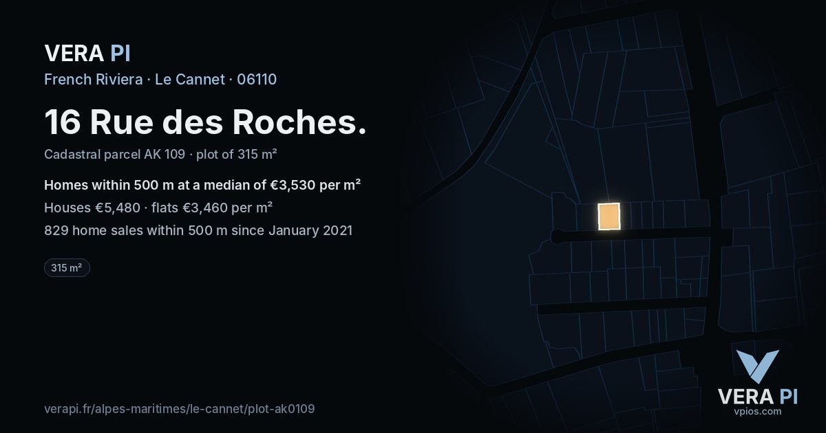 16 Rue des Roches, Le Cannet at night – the plot lit, the parcels around coloured by the prices near them