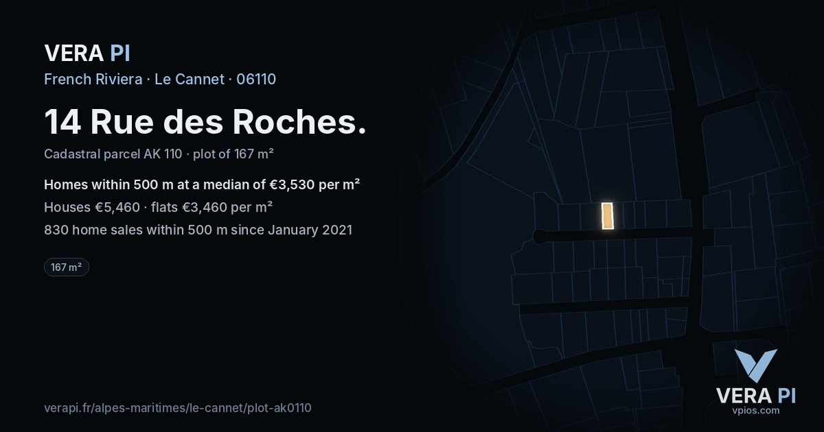 14 Rue des Roches, Le Cannet at night – the plot lit, the parcels around coloured by the prices near them