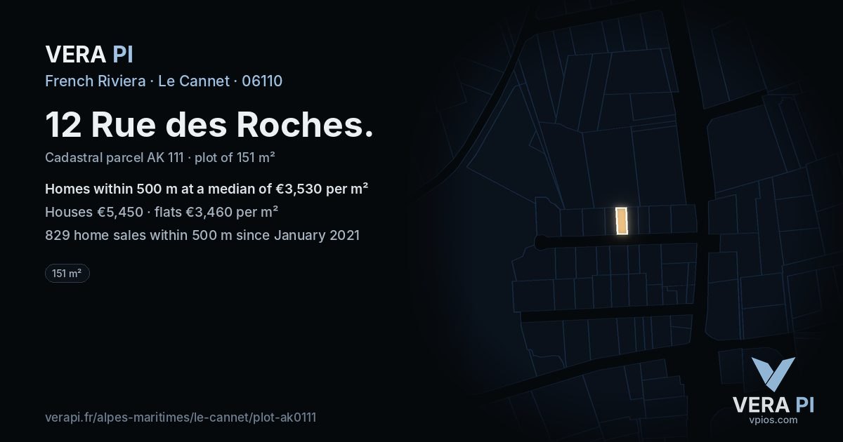 12 Rue des Roches, Le Cannet at night – the plot lit, the parcels around coloured by the prices near them