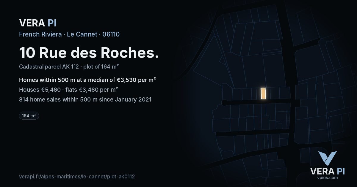 10 Rue des Roches, Le Cannet at night – the plot lit, the parcels around coloured by the prices near them