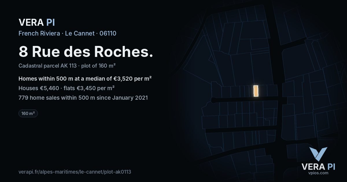 8 Rue des Roches, Le Cannet at night – the plot lit, the parcels around coloured by the prices near them