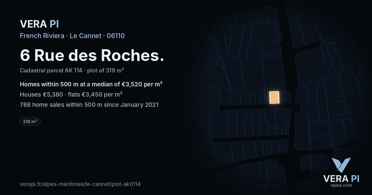 6 Rue des Roches, Le Cannet at night – the plot lit, the parcels around coloured by the prices near them