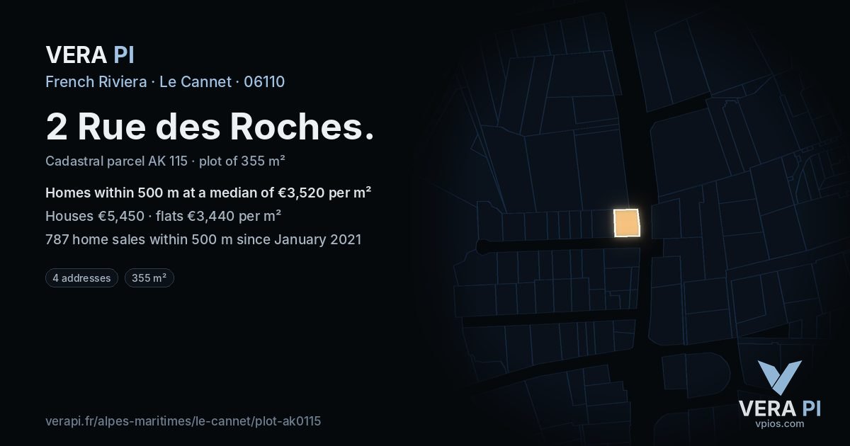2 Rue des Roches, Le Cannet at night – the plot lit, the parcels around coloured by the prices near them
