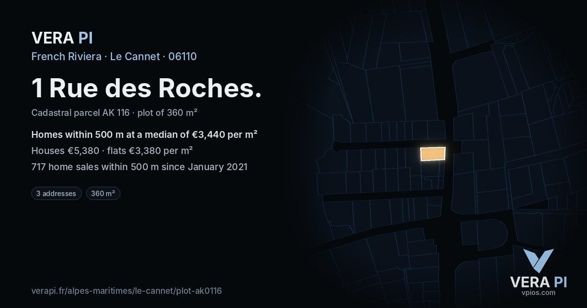 1 Rue des Roches, Le Cannet at night – the plot lit, the parcels around coloured by the prices near them