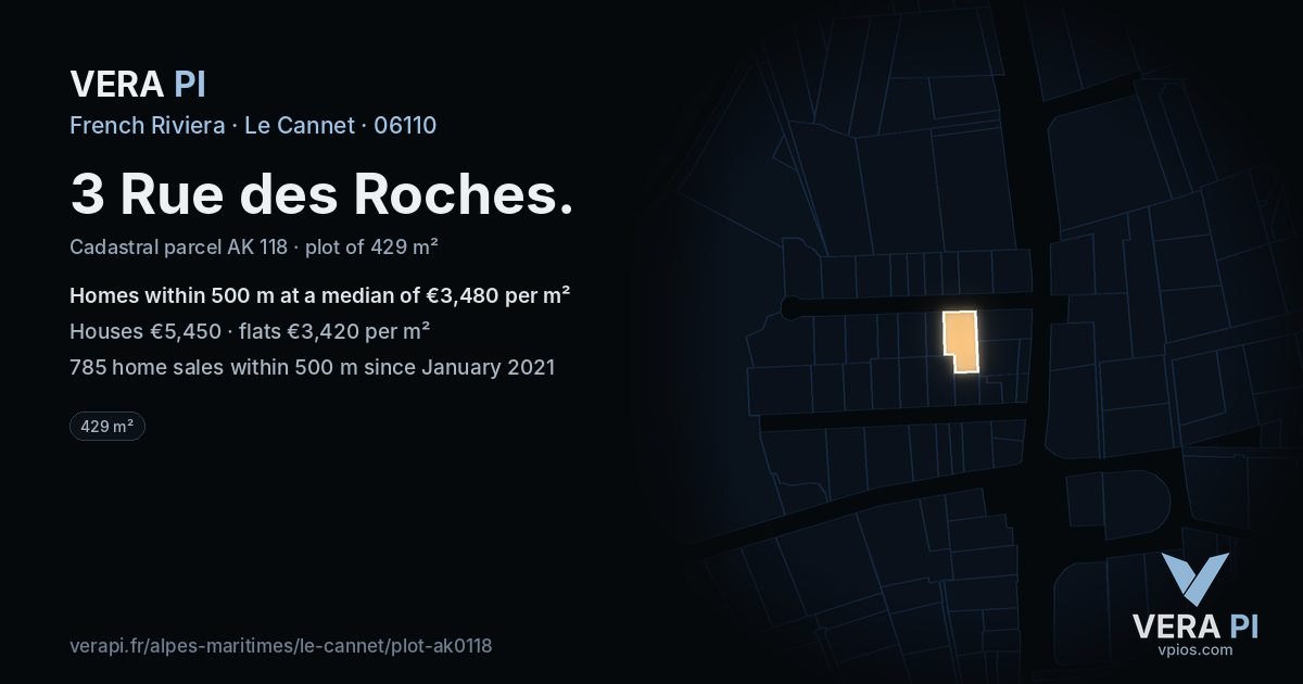 3 Rue des Roches, Le Cannet at night – the plot lit, the parcels around coloured by the prices near them