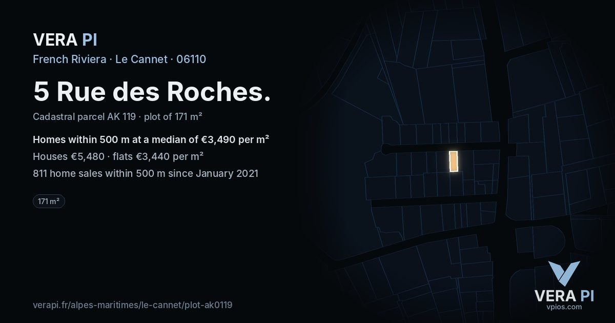 5 Rue des Roches, Le Cannet at night – the plot lit, the parcels around coloured by the prices near them