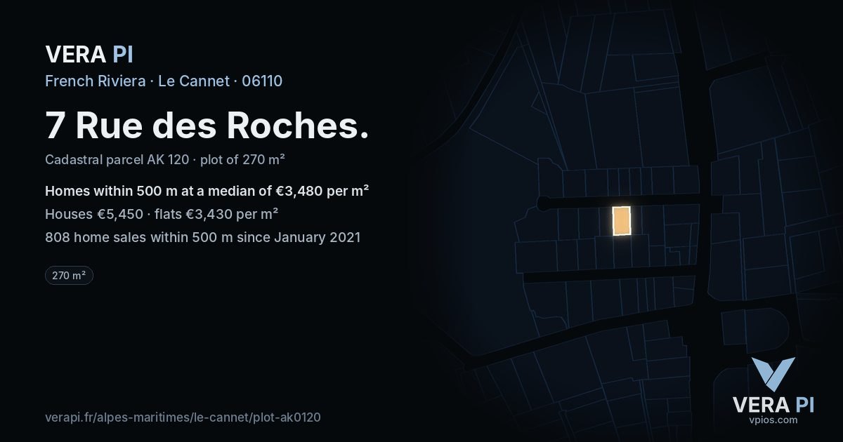 7 Rue des Roches, Le Cannet at night – the plot lit, the parcels around coloured by the prices near them