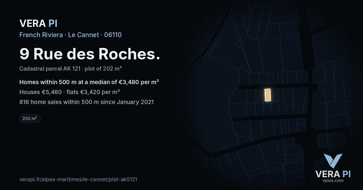 9 Rue des Roches, Le Cannet at night – the plot lit, the parcels around coloured by the prices near them