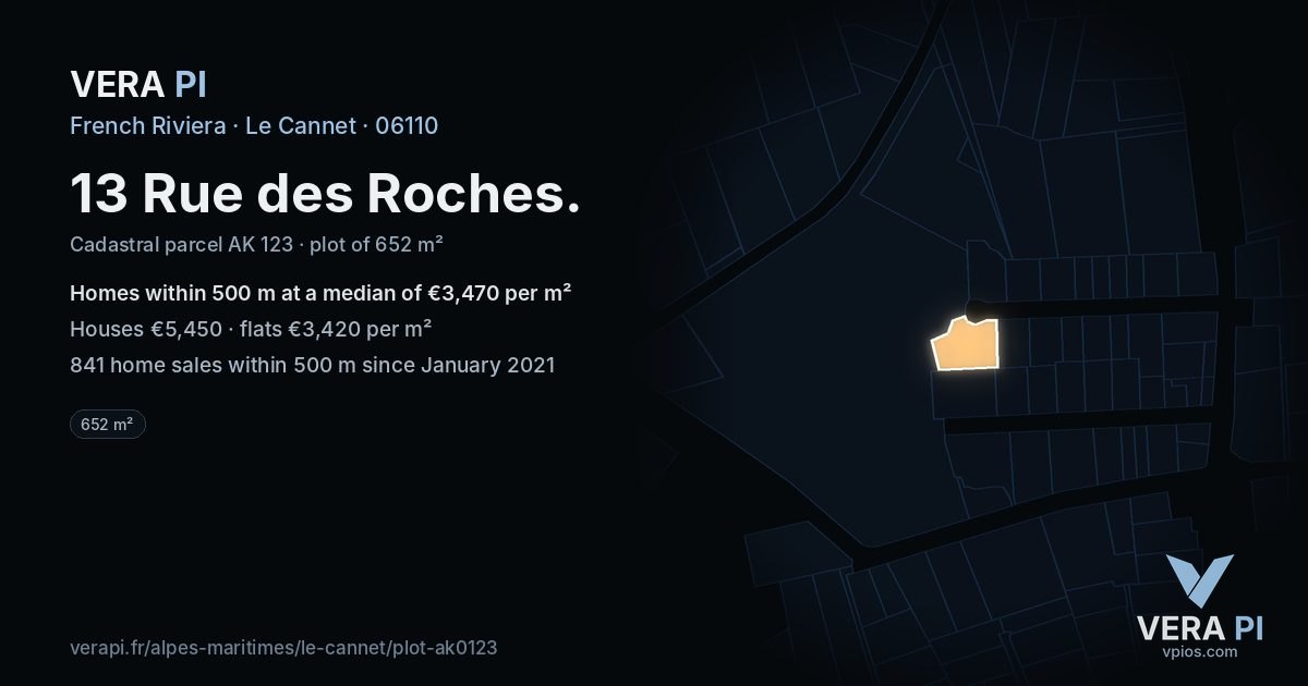 13 Rue des Roches, Le Cannet at night – the plot lit, the parcels around coloured by the prices near them