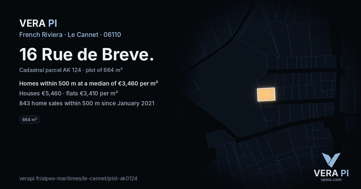 16 Rue de Breve, Le Cannet at night – the plot lit, the parcels around coloured by the prices near them