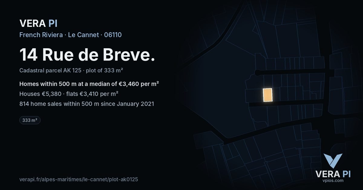 14 Rue de Breve, Le Cannet at night – the plot lit, the parcels around coloured by the prices near them