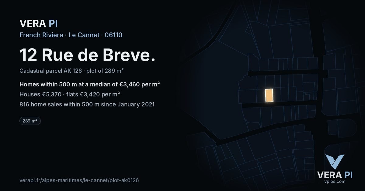 12 Rue de Breve, Le Cannet at night – the plot lit, the parcels around coloured by the prices near them