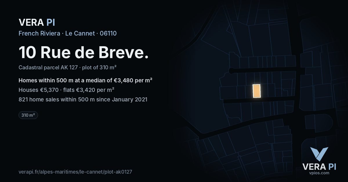 10 Rue de Breve, Le Cannet at night – the plot lit, the parcels around coloured by the prices near them