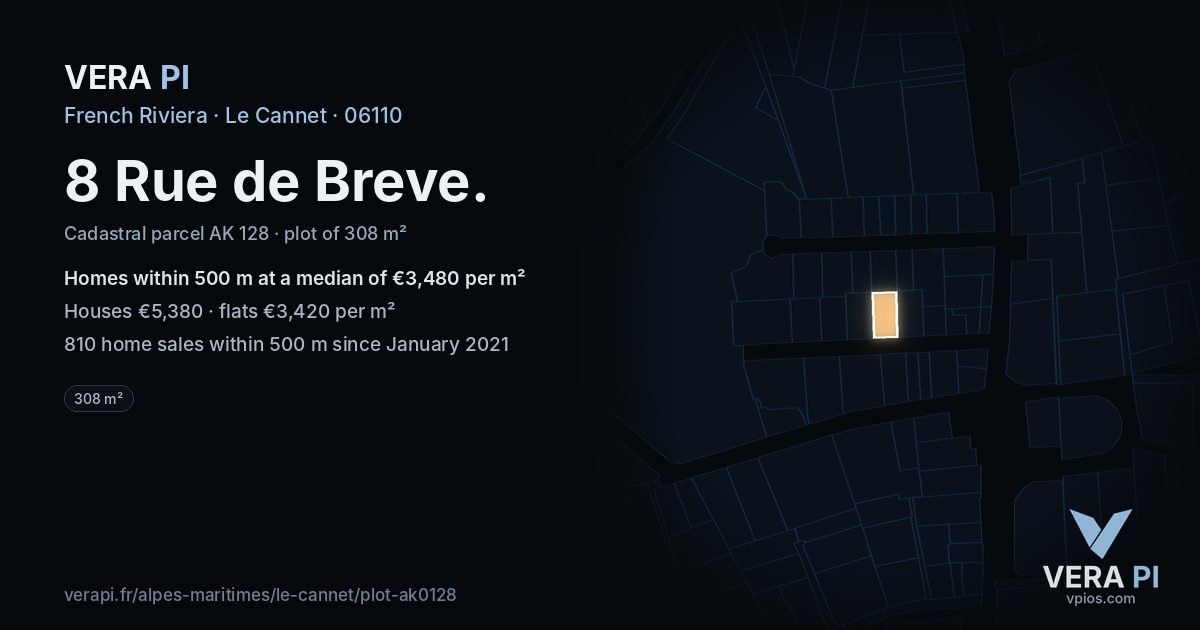 8 Rue de Breve, Le Cannet at night – the plot lit, the parcels around coloured by the prices near them