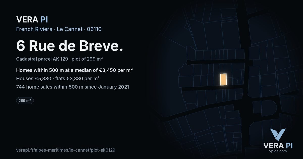 6 Rue de Breve, Le Cannet at night – the plot lit, the parcels around coloured by the prices near them