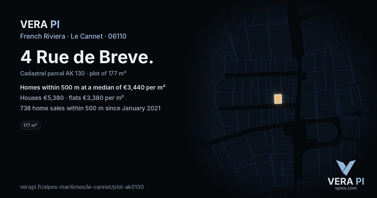 4 Rue de Breve, Le Cannet at night – the plot lit, the parcels around coloured by the prices near them