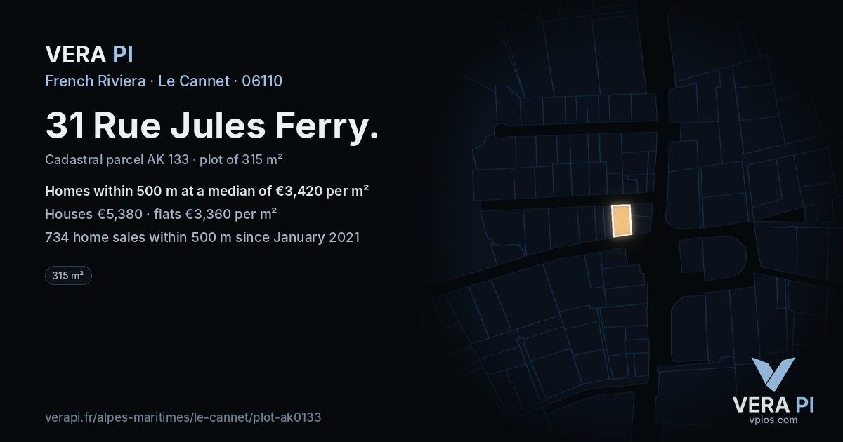 31 Rue Jules Ferry, Le Cannet at night – the plot lit, the parcels around coloured by the prices near them