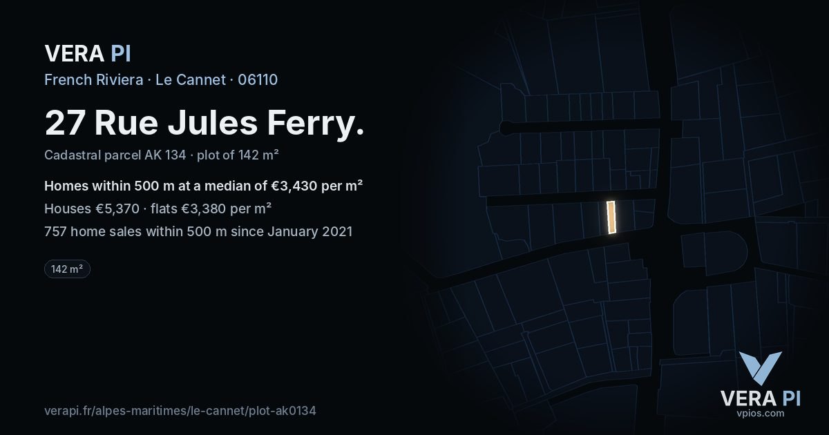 27 Rue Jules Ferry, Le Cannet at night – the plot lit, the parcels around coloured by the prices near them