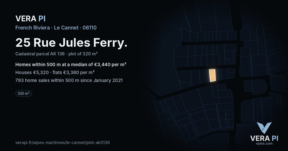 25 Rue Jules Ferry, Le Cannet at night – the plot lit, the parcels around coloured by the prices near them
