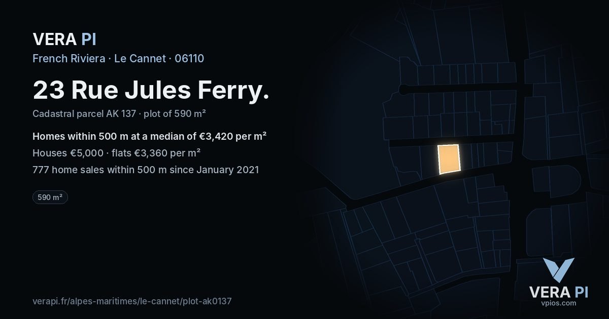 23 Rue Jules Ferry, Le Cannet at night – the plot lit, the parcels around coloured by the prices near them