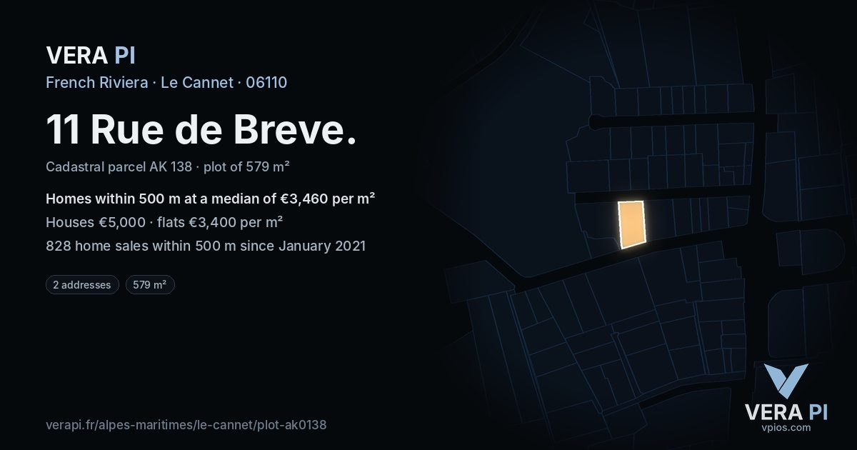 11 Rue de Breve, Le Cannet at night – the plot lit, the parcels around coloured by the prices near them