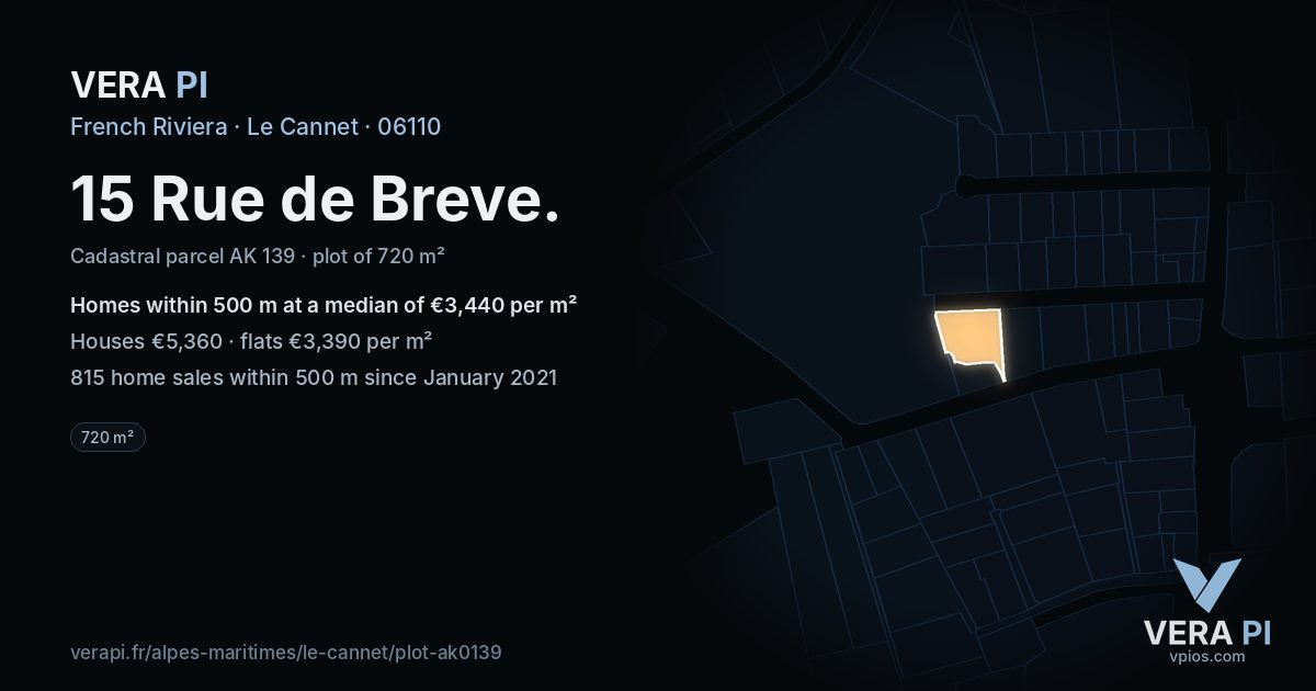 15 Rue de Breve, Le Cannet at night – the plot lit, the parcels around coloured by the prices near them