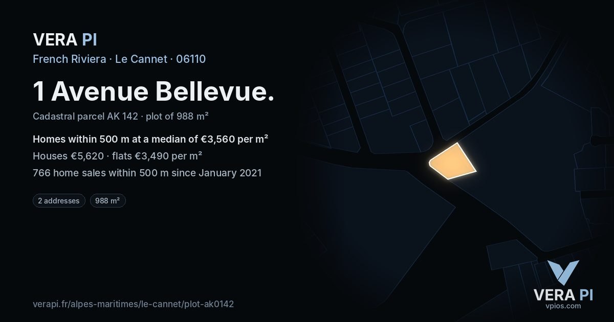 1 Avenue Bellevue, Le Cannet at night – the plot lit, the parcels around coloured by the prices near them