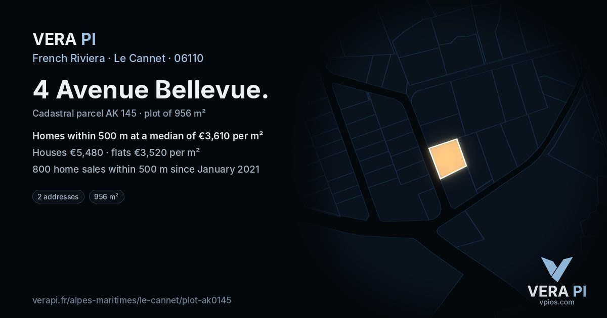 4 Avenue Bellevue, Le Cannet at night – the plot lit, the parcels around coloured by the prices near them