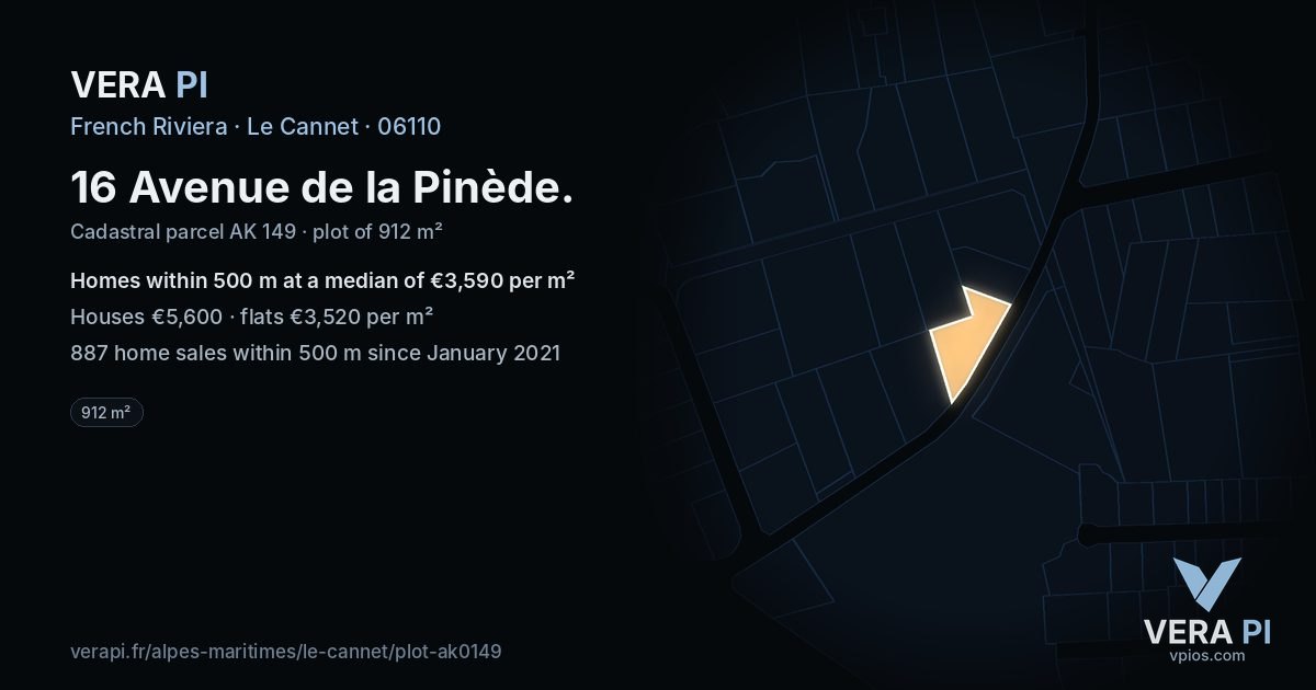 16 Avenue de la Pinède, Le Cannet at night – the plot lit, the parcels around coloured by the prices near them