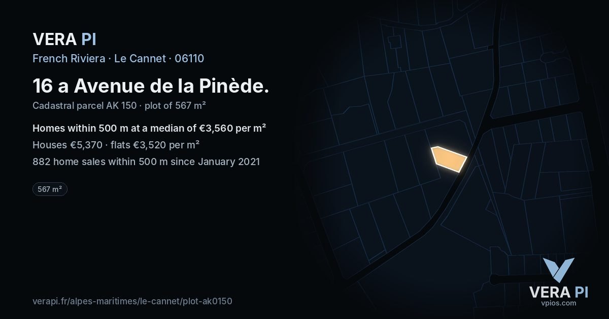 16 a Avenue de la Pinède, Le Cannet at night – the plot lit, the parcels around coloured by the prices near them