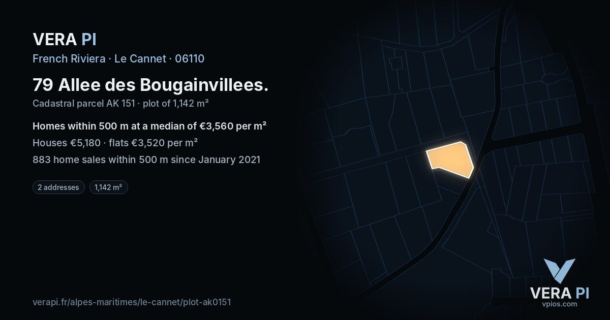 79 Allee des Bougainvillees, Le Cannet at night – the plot lit, the parcels around coloured by the prices near them